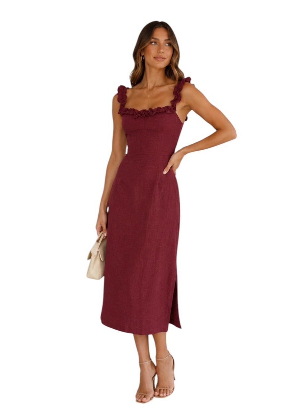 Petal & Pup - NWT Florez Midi Dress Wine Ruffle Straps Smocked Back Sz 6 - Picture 2 of 9
